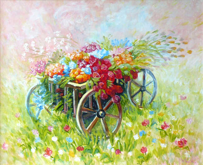 картина маслом цветы в тележке на цветущем лугу тележка счастья 