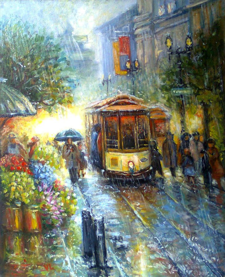 картина маслом трамвай под дождем