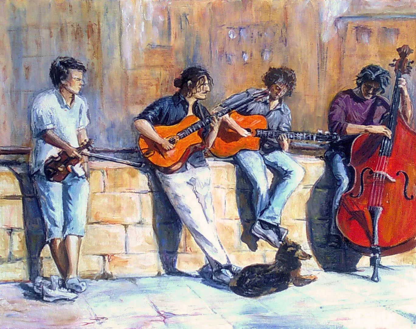 Играют на улице песни. Композиция с людьми. Музыканты в живописи. Сюжетная композиция.