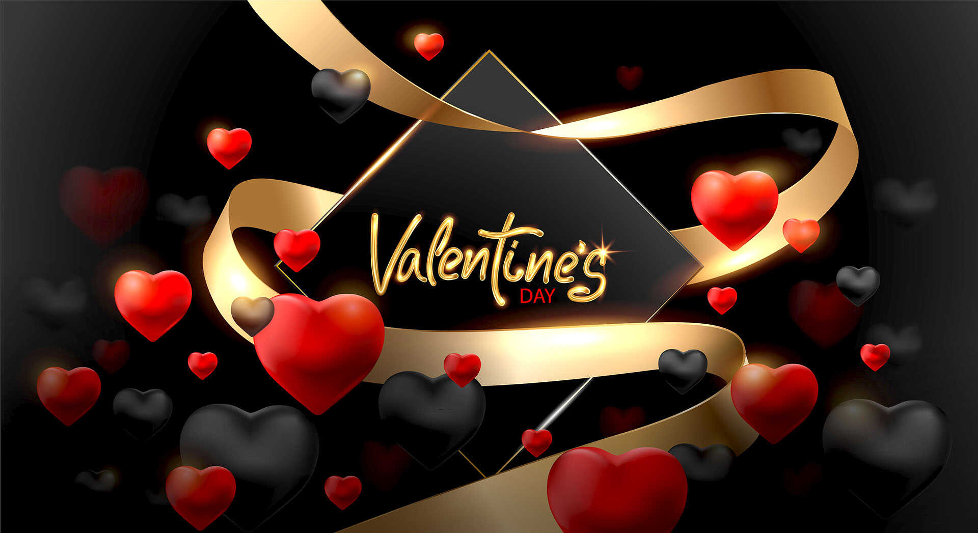 Идеи подарков девушке на день святого Валентина. валенинка с красными и черными сердечками и золотой лентой на черном фоне