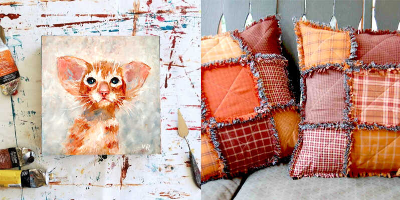 Картина маслом с котенком и подушки для интерьера в осенней оранжевой цветовой гамме