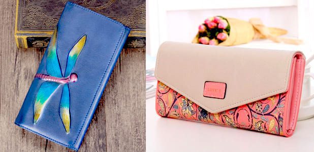 Женский кошелек с вышивкой и принтом: голубого цвета со стрекозой и розового цвета с цветочными узорами