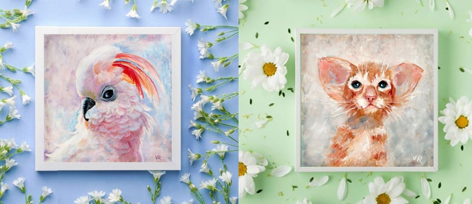 Картины маслом с бело-розовым попугаем какаду и милым рыжим котенком
