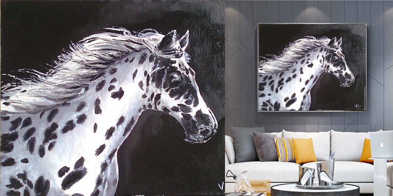 Картина маслом в монохромной цветовой гамме - чёрно-белый конь в яблоках 