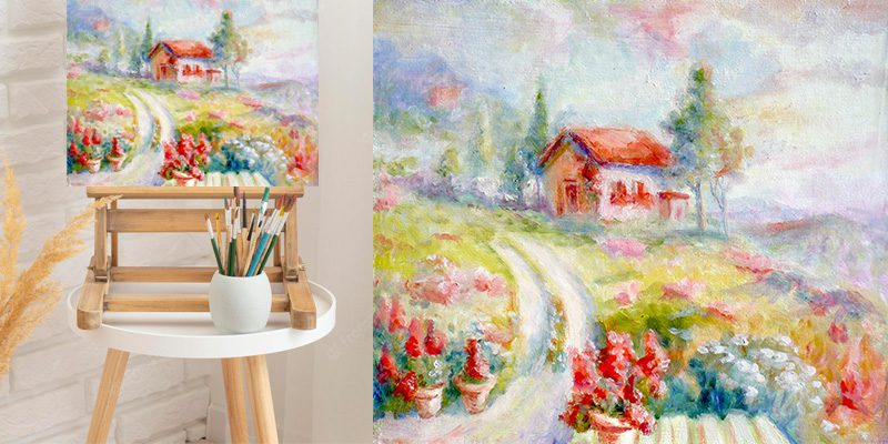 Пейзаж на мольберте - уютная картина с домиком на холме с цветами