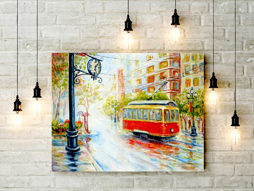 Картина маслом "Трамвай и часы" в интерьере - лучший подарок на праздник и день рождения